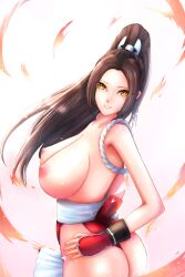 Rule 34 | 1girl, ass, breasts, brown hair, fatal fury, highres, large breasts, nipples, ponytail, shiranui mai, smile, solo