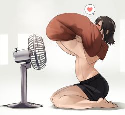 Rule 34 | 1girl, black shorts, blush, breast lift, breasts, brown hair, cleavage, closed eyes, commentary request, covered mouth, door, electric fan, from side, gigantic breasts, grey background, hair between eyes, hairstyle request, heart, highres, indoors, medium hair, naze, nose blush, original, relief, shorts, simple background, sitting, solo, speech bubble, spoken heart, stomach, sweat, underboob, wariza, wet, white background