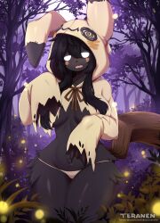 Rule 34 | 1girl, animal hood, animal nose, artist name, black fur, black hair, blush, body fur, breasts, bush, cowboy shot, creatures (company), crop top, embarrassed, female focus, fireflies, forest, full moon, furry, furry female, game freak, gen 7 pokemon, glowing, glowing eyes, hair between eyes, half-closed eyes, highres, hood, hood up, hooded shirt, large breasts, light particles, long hair, looking at viewer, mimikyu, moon, narrow waist, nature, night, nintendo, open mouth, outdoors, panties, personification, pokemon, pokemon (creature), purple background, shiny skin, shirt, sidelocks, sleeves past fingers, sleeves past wrists, solo, standing, sweat, tail, teranen, thick thighs, thighs, torn clothes, torn shirt, twitter username, underwear, watermark, wavy mouth, white eyes, white panties, wide hips, yellow shirt