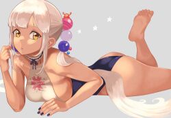 Rule 34 | 1girl, ass, barefoot, breasts, closed mouth, dark-skinned female, dark skin, feet, foot out of frame, foot up, highres, hololive, hololive english, large breasts, long hair, looking at viewer, lying, mutsuki albino, nail polish, on stomach, purple nails, soles, solo, the pose, toes, tsukumo sana, very long hair, virtual youtuber, white hair, yellow eyes