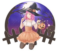 Rule 34 | 1girl, bare tree, black hat, blush, candy, collarbone, commentary, danganronpa (series), danganronpa 2: goodbye despair, dress, fence, food, frills, full moon, halloween, hands up, hat, holding, holding candy, holding food, jack-o&#039;-lantern, kneeling, medium hair, meipoi, moon, nanami chiaki, night, open mouth, orange dress, pink eyes, pink hair, pumpkin, shoes, sky, solo, star (sky), starry sky, striped clothes, striped thighhighs, symbol-only commentary, thighhighs, tree, white background, witch hat