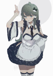 Rule 34 | 1girl, adapted costume, alternate costume, between breasts, breasts, cleavage, corset, cowboy shot, detached sleeves, enmaided, frog hair ornament, green hair, hair ornament, hair tubes, highres, kochiya sanae, large breasts, long hair, looking at viewer, maid, necktie, necktie between breasts, shirt, simple background, skirt, snake hair ornament, sokura (mochichitose), solo, tareme, thighhighs, touhou, v, white background, wide sleeves