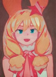 Rule 34 | 1girl, :d, animal ears, blonde hair, blue eyes, gouache (medium), hair ornament, highres, looking at viewer, neck ribbon, open mouth, original, painting (medium), portrait, rabbit ears, red ribbon, ribbon, ryusei hashida, sidelocks, smile, solo, star (symbol), star hair ornament, traditional media, upper body