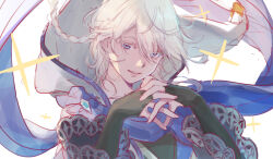 Rule 34 | 1boy, androgynous, blue eyes, blue scarf, braid, colored eyelashes, elbow gloves, fingerless gloves, floating clothes, floating hair, floating scarf, gloves, granblue fantasy, hair between eyes, hood, hood down, lace trim, looking at viewer, messy hair, noa (granblue fantasy), own hands together, parted lips, scarf, sketch, smile, sparkle, tekki (tki), upper body, white background, white hair