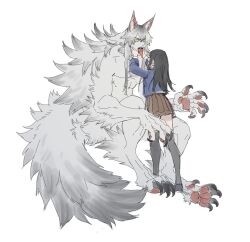 Rule 34 | 1boy, 1girl, animal ear fluff, animal ears, animal feet, animal hands, body fur, brown skirt, claws, commentary, digitigrade, fangs, full body, grey fur, grey hair, hand in another&#039;s mouth, leviair, long hair, looking at another, monster boy, mouth pull, open mouth, original, pleated skirt, sharp teeth, sidelocks, simple background, sitting, skirt, slit pupils, standing, symbol-only commentary, tail, teeth, thighhighs, toned, toned male, tongue, tongue out, very long hair, white background, wolf boy, wolf ears, wolf tail, yellow eyes
