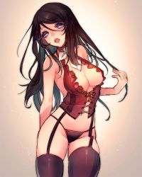 Rule 34 | 1girl, bare shoulders, black hair, breasts, cleavage, corset, garter straps, guilty gear, lingerie, long hair, open mouth, oro (sumakaita), purple eyes, sharon (guilty gear), solo, thighhighs, underwear
