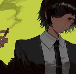 Rule 34 | 1girl, black hair, black jacket, black necktie, blazer, chainsaw man, cigarette, closed mouth, collared shirt, eyepatch, formal, highres, himeno (chainsaw man), holding, holding cigarette, jacket, looking ahead, looking at viewer, necktie, pkunooo, shirt, short hair, simple background, smoke, solo, suit, white shirt, yellow background