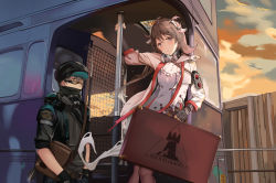 1girl, 1other, absurdres, ahoge, animal ears, arknights, auguste, bag, bangs, black gloves, black headwear, black jacket, brown eyes, brown hair, brown legwear, cloud, cloudy sky, day, dress, ear protection, elbow gloves, eyebrows visible through hair, eyjafjalla (arknights), feet out of frame, fence, gloves, goat ears, goat girl, goat horns, goggles, ground vehicle, highres, holding, holding suitcase, horns, jacket, layered dress, long hair, long sleeves, looking at viewer, motor vehicle, open clothes, open jacket, orange eyes, outdoors, purple dress, short sleeves, shoulder bag, sky, standing, suitcase, sunglasses, van, walkie-talkie, white jacket, wooden fence