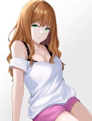 Rule 34 | 1girl, absurdres, bra strap, breasts, brown hair, cleavage, collarbone, expressionless, green eyes, grey background, gridman universe, highres, huge filesize, long hair, looking at viewer, medium breasts, minami yume, off-shoulder shirt, off shoulder, pink skirt, shirt, sitting, skirt, solo, ssss.dynazenon, suiten, white shirt