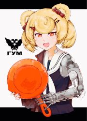 Rule 34 | 1girl, animal ears, arknights, bear ears, black shirt, blonde hair, candy hair ornament, food-themed hair ornament, frying pan, gummy (arknights), hair ornament, hairclip, highres, holding, holding frying pan, mechanical arms, nail polish, neckerchief, nmk-01, open mouth, prosthesis, prosthetic arm, red eyes, red nails, sailor collar, shirt, short hair, single mechanical arm, sleeveless, sleeveless shirt, smile, solo, upper body, white neckerchief, white sailor collar