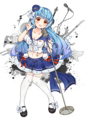Rule 34 | 1girl, aged down, alternate costume, black footwear, blue hair, blush, breasts, cleavage, commentary request, full body, hat, highres, knees together feet apart, long hair, medium breasts, microphone, microphone stand, midriff, musical note, navel, open mouth, over-kneehighs, quincy (warship girls r), red eyes, short sleeves, situmey, smile, thighhighs, v, warship girls r, white thighhighs