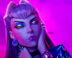 Rule 34 | 1girl, absurdres, artist name, asymmetrical bangs, black choker, choker, claw (weapon), close-up, closed mouth, cone hair bun, demon, demon girl, drop earrings, earrings, evelynn (league of legends), eyeshadow, hair bun, hands on own face, highres, jacket, jewelry, k/da (league of legends), k/da all out evelynn, league of legends, long hair, looking at viewer, makeup, open clothes, open jacket, purple background, purple eyeshadow, purple jacket, purple lips, slit pupils, solo, thecatatonic, weapon, yellow eyes