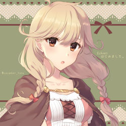 Rule 34 | 1girl, awayuki ramika, braid, brown eyes, brown hair, collarbone, copyright name, dotted background, dress, faye (fire emblem), fire emblem, fire emblem echoes: shadows of valentia, flipped hair, green background, hair ribbon, heart, long hair, looking at viewer, low-braided long hair, low-tied long hair, nintendo, open mouth, red ribbon, ribbon, solo, twin braids, twitter username, upper body
