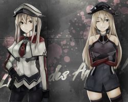 Rule 34 | 10s, 2girls, 328 (artist), ;), bad id, bad pixiv id, bare shoulders, bismarck (kancolle), black gloves, blonde hair, breasts, capelet, contrapposto, crossed arms, dress, elbow gloves, eyes visible through hair, gloves, graf zeppelin (kancolle), graffiti, green eyes, hair between eyes, hand on own hip, hat, kantai collection, large breasts, long hair, looking at viewer, military, miniskirt, multiple girls, necktie, one eye closed, pantyhose, peaked cap, pleated skirt, ranguage, short dress, sidelocks, skirt, smile, standing, thighhighs, twintails