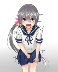 Rule 34 | 1girl, akebono (kancolle), angry, bell, between legs, blue bow, blue sailor collar, blue skirt, blush, bow, eyes visible through hair, fang, female focus, flower, gradient background, grey background, grey hair, hair bell, hair flower, hair ornament, hand between legs, have to pee, highres, kantai collection, leaning forward, long hair, looking at viewer, looking up, open mouth, pink flower, pleated skirt, purple eyes, sailor collar, school uniform, serafuku, shirt, short sleeves, side ponytail, simple background, skirt, skirt hold, solo, standing, straight-on, teeth, trembling, very long hair, watakarashi, white background, white shirt