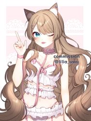 Rule 34 | 1girl, :3, absurdres, animal ear fluff, animal ears, blush, bow, breasts, brown hair, camisole, cat ears, cat girl, choker, collarbone, earrings, frilled camisole, frilled choker, frilled panties, frills, garter straps, green eyes, hair ornament, heart, heart choker, heart hair ornament, highres, index finger raised, indie virtual youtuber, jewelry, leash, lilia (lilia uwu), lingerie, long hair, medium breasts, one eye closed, panties, sakurai hana, smile, solo, tongue, tongue out, underwear, upper body, very long hair, virtual youtuber, wavy hair, white panties