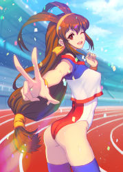Rule 34 | 1girl, :d, arched back, ass, battle athletes, blue sky, blush, breasts, brown hair, cloud, confetti, day, gym uniform, hair tubes, hairband, kanzaki akari, leotard, long hair, low-tied long hair, medium breasts, one eye closed, open mouth, orange ribbon, othel (hatimorris), outdoors, outstretched arm, perky breasts, red eyes, red leotard, ribbon, short sleeves, sky, smile, solo, stadium, thighhighs, very long hair, wristband