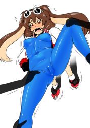 Rule 34 | 1girl, animal ears, blue bodysuit, blush, bodysuit, breasts, brown hair, rabbit ears, cameltoe, covered navel, cropped jacket, disembodied hand, fingerless gloves, full-face blush, gloves, goggles, goggles on head, greco roman (spiral brain), highres, imminent rape, makihara arina, orange hair, restrained, short hair, skin tight, small breasts, solo, solo focus, spread legs, waku waku 7