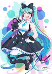 Rule 34 | 1girl, aqua eyes, aqua hair, artist name, black ribbon, boots, bow, breasts, dress, full body, gloves, hair bow, hatsune miku, headphones, highres, knee boots, leggings, lolitaii, long hair, magical mirai miku, magical mirai miku (2016), medium breasts, microphone, microphone stand, multicolored clothes, multicolored gloves, necktie, one eye closed, open mouth, pantyhose, ribbon, signature, smile, solo, striped clothes, striped dress, twintails, underbust, v, very long hair, vocaloid