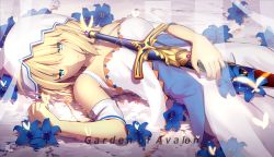 Rule 34 | 1girl, artist name, artoria pendragon (fate), bare shoulders, blonde hair, breasts, caliburn (fate), dress, excalibur (fate/stay night), fate/stay night, fate (series), flower, green eyes, light smile, lying, magicians (zhkahogigzkh), on back, saber (fate), short hair, solo, sword, water, weapon