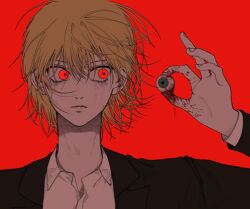 Rule 34 | 1other, androgynous, black suit, blonde hair, blood, blood on hands, collared shirt, disembodied eye, eyeball, formal, hunter x hunter, kurapika, long sleeves, oho0918, red background, red eyes, shirt, short hair, simple background, solo, suit, upper body, white shirt