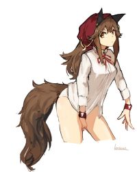Rule 34 | 1girl, animal ears, artist name, blouse, brown hair, commentary, cropped legs, kerchief, lansane, leaning forward, long hair, looking at viewer, neck ribbon, no pants, original, panties, ribbon, shirt, sidelocks, simple background, solo, tail, thighs, tsana (lansane), underwear, white background, white panties, white shirt, wolf ears, wolf tail, wristband, yellow eyes