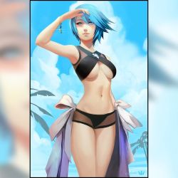 Rule 34 | 1girl, adapted costume, aqua (kingdom hearts), arm up, artist name, bare shoulders, bikini, black bikini, blue eyes, blue hair, blue sky, bracelet, breasts, closed mouth, cloud, commentary, day, english commentary, glint, groin, hair between eyes, jewelry, kingdom hearts, kingdom hearts birth by sleep, legs together, medium breasts, navel, nikusenpai, outdoors, palm tree, shading eyes, short hair, sky, smile, solo, sparkle, standing, stomach, swept bangs, swimsuit, thighs, tree, underboob, zoom layer