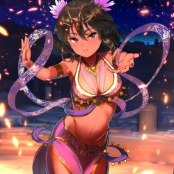 Rule 34 | 1girl, armlet, bare shoulders, black hair, breasts, commentary request, dark-skinned female, dark skin, feather hair ornament, feathers, hair between eyes, hair ornament, idolmaster, idolmaster cinderella girls, jewelry, looking at viewer, medium breasts, medium hair, natalia (idolmaster), navel, necklace, night, night sky, outstretched arms, parted lips, pettan p, purple eyes, sky, smile, solo, sparks, stomach