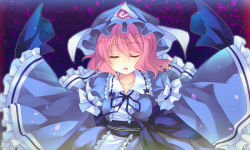 Rule 34 | 1girl, closed eyes, female focus, frills, hat, japanese clothes, kimono, outstretched arms, petals, pink hair, saigyouji yuyuko, shinia, short hair, sleeves past wrists, solo, spread arms, touhou, wide sleeves
