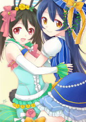 Rule 34 | 2girls, animal ears, black hair, blue hair, bow, closed mouth, commentary request, detached sleeves, gloves, hair between eyes, hair bow, hand on another&#039;s shoulder, hand on another&#039;s waist, hat, long hair, looking at viewer, love live!, love live! school idol festival, love live! school idol project, miyamori raira, multiple girls, open mouth, rabbit ears, red eyes, sonoda umi, twintails, yazawa nico, yellow eyes