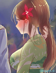 Rule 34 | 1girl, amagi (kancolle), breasts, brown eyes, brown hair, camouflage, from behind, hair ornament, high ponytail, holding, holding own hair, japanese clothes, kantai collection, kimono, large breasts, leaf hair ornament, long hair, looking away, mogera81, mole, mole under eye, nape, night, out of frame, outdoors, sidelocks, sketch, twitter username, upper body, wide ponytail