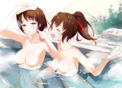 Rule 34 | 10s, 2girls, blush, breasts, brown eyes, brown hair, collarbone, convenient censoring, closed eyes, hayakawa akari, hyuuga (kancolle), ise (kancolle), kantai collection, lowres, multiple girls, navel, nude, onsen, open mouth, poking, ponytail, short hair, steam, steam censor, towel, towel on head, water