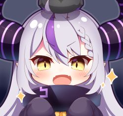 Rule 34 | 1girl, :d, ahoge, animal, animal on head, bird, bird on head, blush, braid, chibi, commentary request, crow, crow (la+ darknesss), demon horns, fangs, grey hair, hair between eyes, hands up, hololive, holox, horns, la+ darknesss, la+ darknesss (1st costume), long sleeves, looking at viewer, multicolored hair, on head, open mouth, portrait, purple hair, sleeves past fingers, sleeves past wrists, smile, solo, sparkle, streaked hair, striped horns, v-shaped eyebrows, virtual youtuber, yellow eyes, yukiyuki 441