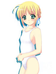 Rule 34 | 00s, 1girl, ahoge, artoria pendragon (all), artoria pendragon (fate), blonde hair, blush, breasts, covered erect nipples, embarrassed, fate/stay night, fate (series), flat chest, green eyes, groin, hair bun, hair ribbon, looking back, one-piece swimsuit, own hands together, parted bangs, profile, ribbon, saber (fate), school swimsuit, shadow, short hair, sideboob, sidelocks, simple background, single hair bun, small breasts, solo, standing, swimsuit, white background, white one-piece swimsuit, white school swimsuit