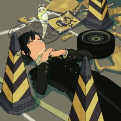 Rule 34 | 1girl, black hair, black jacket, black necktie, black pants, black suit, buttons, chainsaw man, closed eyes, closed mouth, commentary, d:, formal, ghost, giving up the ghost, hair ornament, hairclip, halo, hands on own chest, higashiyama kobeni, highres, jacket, long sleeves, low ponytail, lying, manhole cover, medium hair, mole, mole under mouth, necktie, on back, open mouth, pants, road, road sign, shirt, short ponytail, sign, smile, solo, suit, tears, traffic cone, tuzaixia, wheel, white shirt