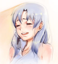 Rule 34 | 1girl, absurdres, bad id, bad pixiv id, bare shoulders, blue hair, blush, closed eyes, crying, eyebrows, facing viewer, highres, idolmaster, idolmaster (classic), kisaragi chihaya, long hair, mayo-rang, open mouth, smile, solo, tears, teeth, upper body, upper teeth only, wing collar