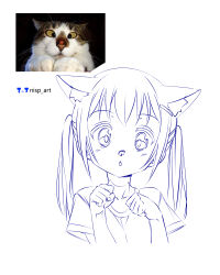 Rule 34 | 1girl, absurdres, animal ear fluff, animal ears, artist logo, artist name, blush, bug, cat, cat ears, cat girl, chestnut mouth, collarbone, commentary request, creature and personification, cropped torso, hands up, highres, insect, ladybug, ladybug on nose, long hair, looking at viewer, nisp art, original, parted lips, paw pose, pen (medium), reference inset, russian commentary, shirt, short sleeves, sidelocks, simple background, solo, twintails, white background