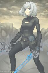 Rule 34 | 1girl, black bodysuit, blue eyes, bodysuit, breasts, cleavage, cleavage cutout, cliff, closed mouth, clothing cutout, cloud, cloudy sky, commentary, dual wielding, english commentary, ethel (xenoblade), feet out of frame, gofelem, grey hair, holding, holding sword, holding weapon, outdoors, sky, small breasts, solo, sword, twitter username, unfinished, watermark, weapon, web address, xenoblade chronicles (series), xenoblade chronicles 3