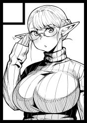 Rule 34 | 1girl, adjusting eyewear, black border, border, breasts, circle cut, cropped, elf, elf-san wa yaserarenai., erufuda-san, glasses, greyscale, hand on own cheek, hand on own face, huge breasts, looking at viewer, monochrome, open mouth, plump, pointy ears, simple background, solo, sweater, synecdoche, triangle mouth