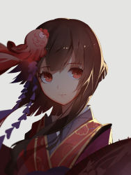 Rule 34 | 1girl, blurry, brown hair, closed mouth, depth of field, expressionless, fish, fish hair ornament, floral print, goldfish, grey background, hair ornament, highres, japanese clothes, kagura (onmyoji), kimono, looking at viewer, looking to the side, onmyoji, red eyes, short hair, short hair with long locks, solo, upper body, x-red flower