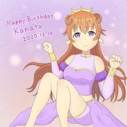 Rule 34 | 1girl, absurdres, artist name, artist request, bare legs, blush, bracelet, breasts, brown hair, butterfly (love live!), choker, cleavage, clenched hand, clothing cutout, collarbone, cropped shirt, crown, detached sleeves, double bun, dress, dress shirt, earrings, female focus, floating hair, gold bracelet, hair between eyes, hair bun, hair rings, harem outfit, highres, jewelry, konoe kanata, long hair, looking at viewer, love live!, love live! nijigasaki high school idol club, love live! school idol festival, navel, parted lips, puffy short sleeves, puffy sleeves, purple background, purple eyes, purple shirt, purple shorts, shirt, short sleeves, shorts, shoulder cutout, sitting, small breasts, smile, solo, two side up, yellow bracelet, yellow choker