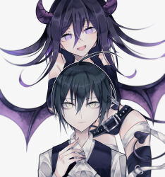 2boys ahoge alternate_costume ascot bat_wings belt bishounen black_hair black_nails black_thighhighs bridal_gauntlets collared_shirt commentary crossdressing danganronpa_(series) danganronpa_v3:_killing_harmony demon_boy demon_horns demon_tail demon_wings eyelashes flipped_hair floating hair_between_eyes highres horns light_blush long_hair long_sleeves looking_at_viewer male_focus medium_hair multiple_boys nail_polish oma_kokichi open_mouth pale_skin pointy_ears pon_v3 purple_eyes purple_hair purple_horns saihara_shuichi shirt short_hair short_shorts shorts simple_background slit_pupils smile studded_belt tail thigh_strap thighhighs trap white_ascot white_background wings yellow_eyes