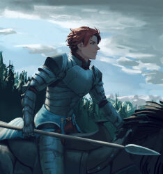 Rule 34 | 1boy, absurdres, armor, artist name, blue sky, cloud, cloudy sky, commentary, english commentary, fire emblem, fire emblem: three houses, from side, gauntlets, highres, holding, holding polearm, holding weapon, horse, horseback riding, koffo-art, male focus, nintendo, polearm, profile, red hair, riding, saddle, sky, smile, solo, spear, sylvain jose gautier, tree, weapon