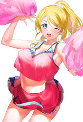 Rule 34 | 1girl, a1 (initial-g), ayase eli, blonde hair, blue eyes, blush, breasts, cheerleader, crop top, crop top overhang, holding, holding pom poms, large breasts, long hair, looking at viewer, love live!, love live! school idol project, midriff, one eye closed, open mouth, pom pom (cheerleading), pom poms, ponytail, scrunchie, shirt, simple background, skirt, sleeveless, sleeveless shirt, smile, solo, standing, white background, white scrunchie
