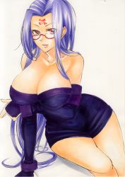 Rule 34 | 1girl, arm support, bad id, bad pixiv id, bare legs, bare shoulders, beniyaorin, blue hair, breast hold, breasts, cleavage, collarbone, detached sleeves, dress, facial mark, fate/stay night, fate (series), forehead mark, glasses, huge breasts, legs, lips, long hair, medusa (fate), medusa (rider) (fate), pink eyes, red-framed eyewear, red eyes, sitting, sleeveless, sleeveless dress, solo, square pupils, strapless, strapless dress, traditional media, very long hair
