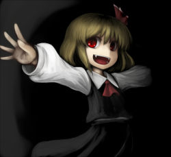 Rule 34 | 1girl, ascot, blonde hair, child, embodiment of scarlet devil, fangs, female focus, hair ribbon, nice (artist), outstretched arms, red eyes, ribbon, rumia, short hair, slit pupils, solo, spread arms, touhou