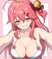 Rule 34 | 1girl, ahoge, alternate costume, bell, bikini, blush, breasts, close-up, green eyes, grin, hair bell, hair between eyes, hair ornament, half-closed eyes, hololive, large breasts, long hair, looking at viewer, one side up, pink background, pink hair, sakura miko, smile, solo, swimsuit, two-tone background, upper body, virtual youtuber, white background, white bikini, x hair ornament, yuuzuki (re&#039;ef)