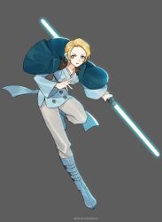 Rule 34 | 1girl, alternate costume, blonde hair, blue dress, blue footwear, blue lightsaber, boots, breasts, commentary, double bladed lightsaber, dress, energy sword, fire emblem, fire emblem: three houses, forehead, full body, fur trim, green eyes, grey background, grey pants, highres, holding lightsaber, ingrid brandl galatea, lightsaber, long sleeves, looking at viewer, medium breasts, nintendo, pants, parted lips, short dress, short hair, silvercandy gum, simple background, solo, star wars, sword, weapon, wide sleeves