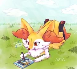 Rule 34 | animal ear fluff, animal nose, bad id, bad tumblr id, blue sky, braixen, cloud, crayon, creatures (company), day, drawfag, drawing, furry, game freak, gen 6 pokemon, grass, lying, musical note, nintendo, on stomach, outdoors, plum! (plumcea), pokemon, pokemon (creature), pokken tournament, quaver, rainyfroppy, red eyes, sky, snout, tongue, tongue out