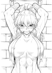 Rule 34 | 1girl, abs, angry, armpits, arms up, bdsm, bondage, bound, bound arms, breasts, capcom, captured, clenched teeth, dr.p, female focus, final fight, game over, genryuusai maki, greyscale, large breasts, long hair, monochrome, muscular, ponytail, solo, stocks, sweat, teeth, torn clothes